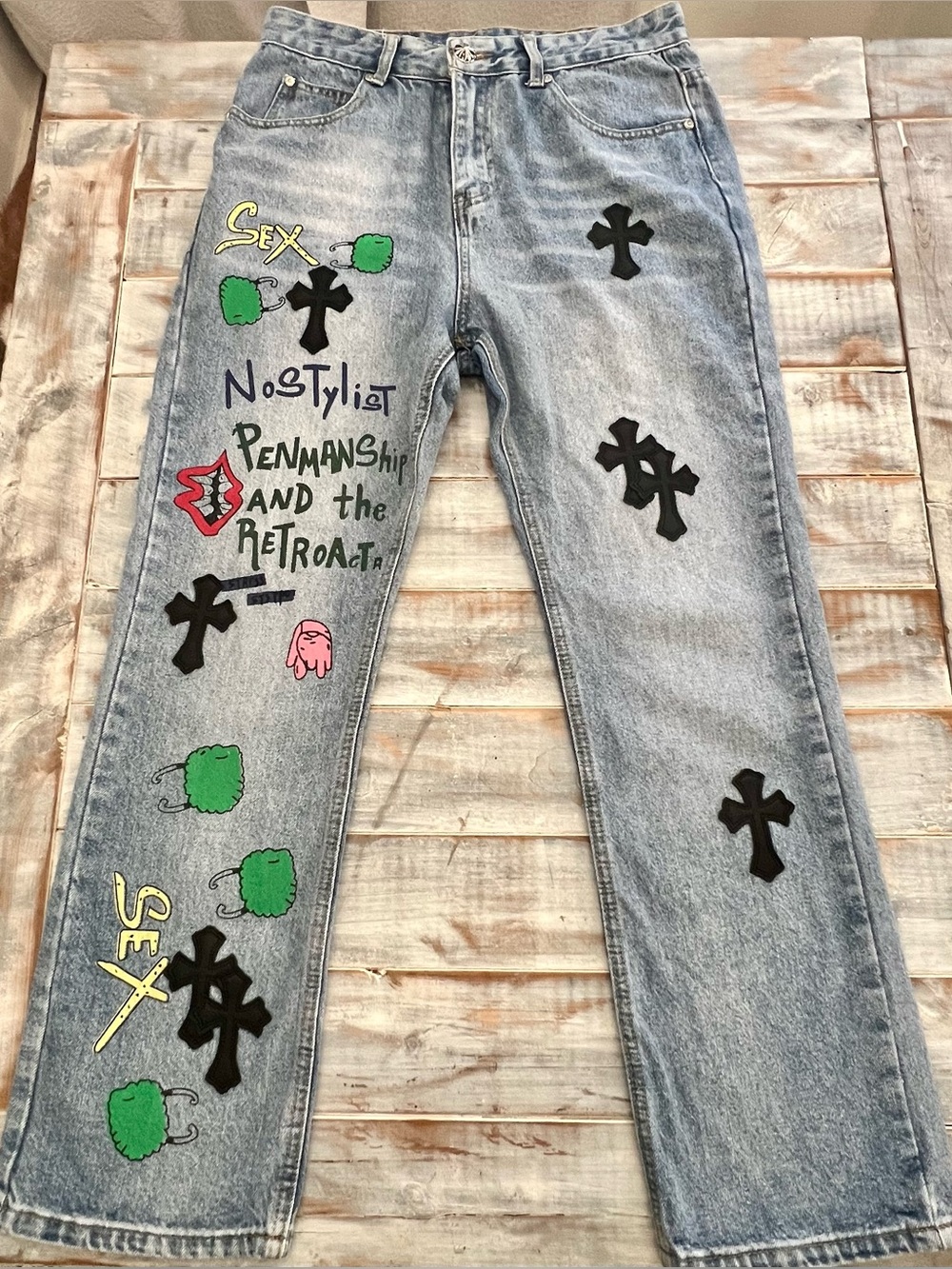 Levi’s 501 Style Jeans Chrome Hearts Matty Boy Inspired Cross Patch Graffiti